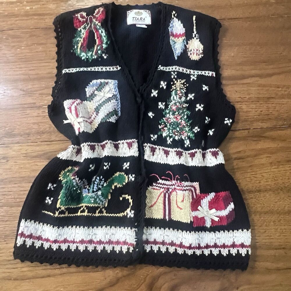 Tiara International Vintage Christmas Sweater Vest Womens XL Ugly Holiday Beaded